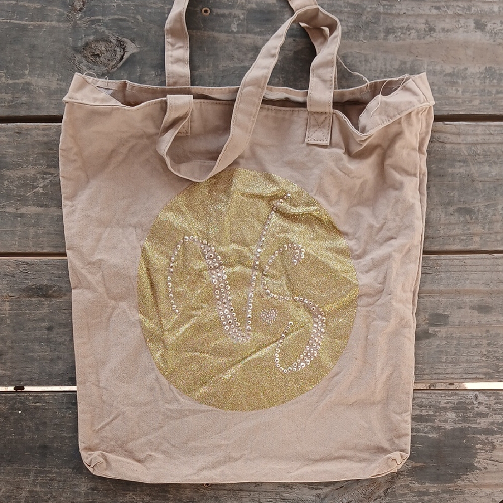 Victoria's Secret Beige Tote with Gold Glitter Logo